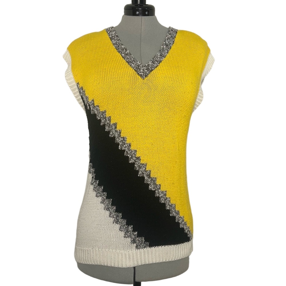 Vintage Multicolored Striped Knit Retro V Neck Vest Size M